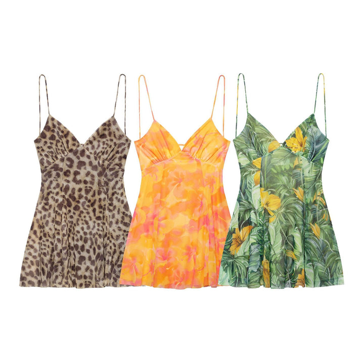 Damen Minikleid mit floralem Muster und feinen Spaghettiträgern Aliams