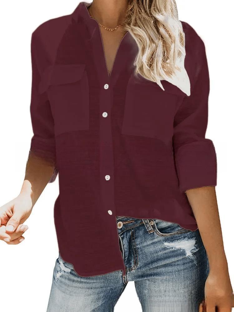 Damen leichte Sommerbluse mit zwei Brusttaschen und aufgerollten Ärmeln Aliams