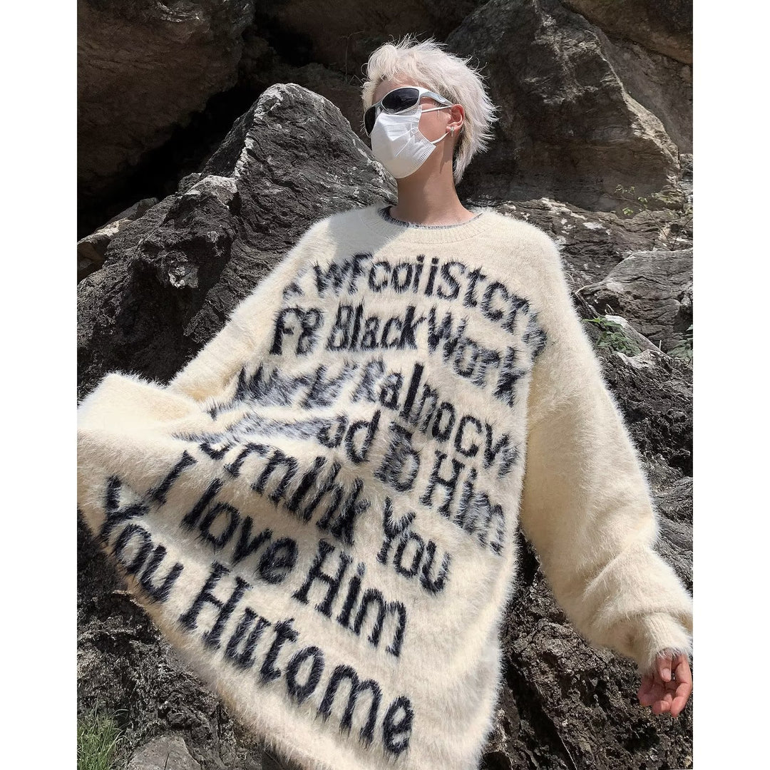 Unisex Oversized Strickpullover mit kreativem Schriftzug und gemütlichem Schnitt Aliams