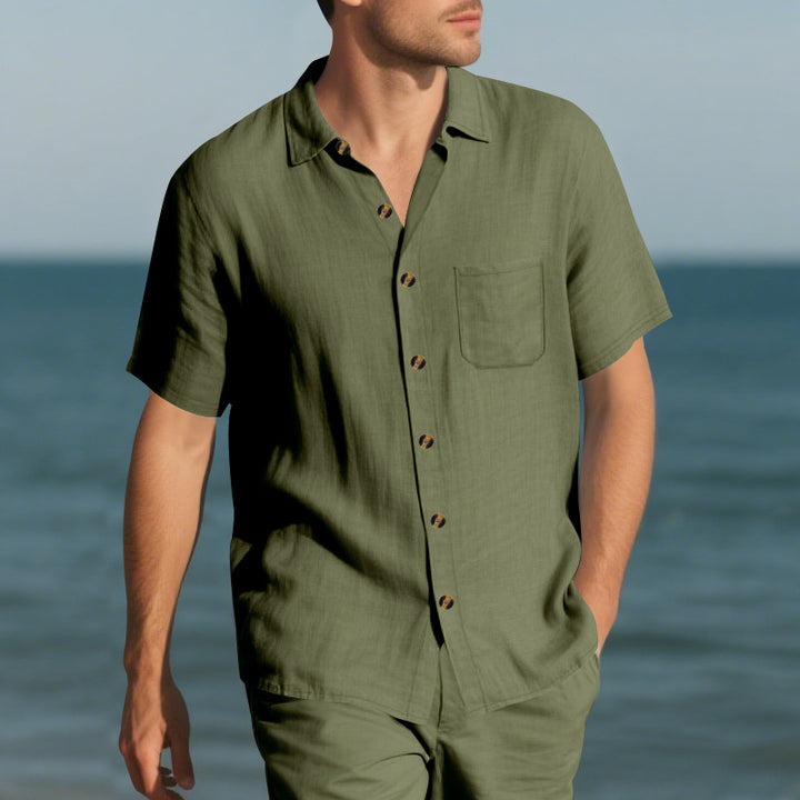 Herren Kurzarm-Leinenhemd mit klassischem Schnitt und Holzknöpfen Aliams
