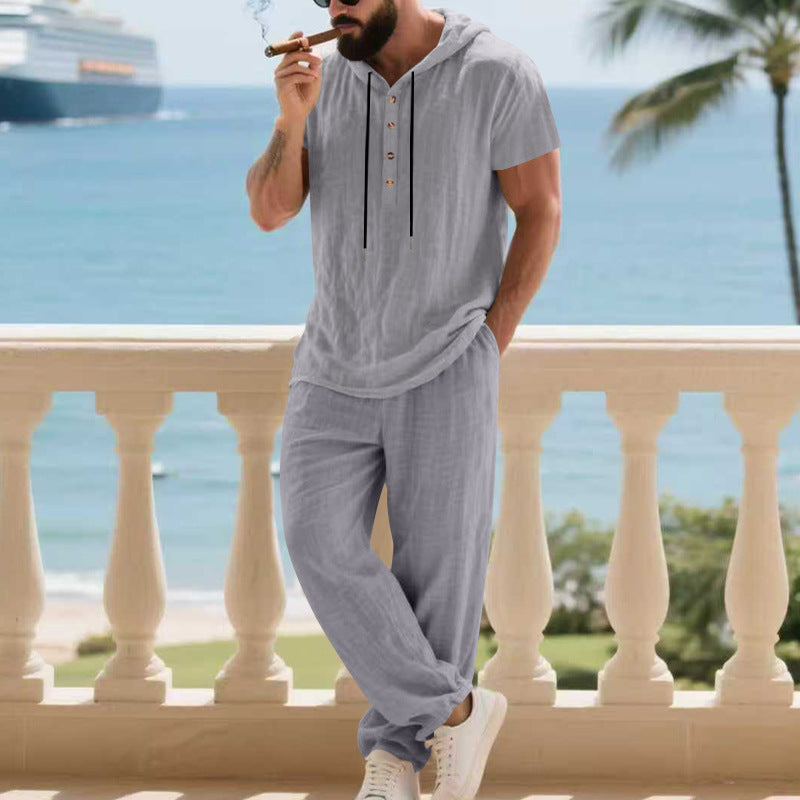 Herren komfortables Freizeit-Set mit modischem Henley-Oberteil und lockeren Hosen Aliams