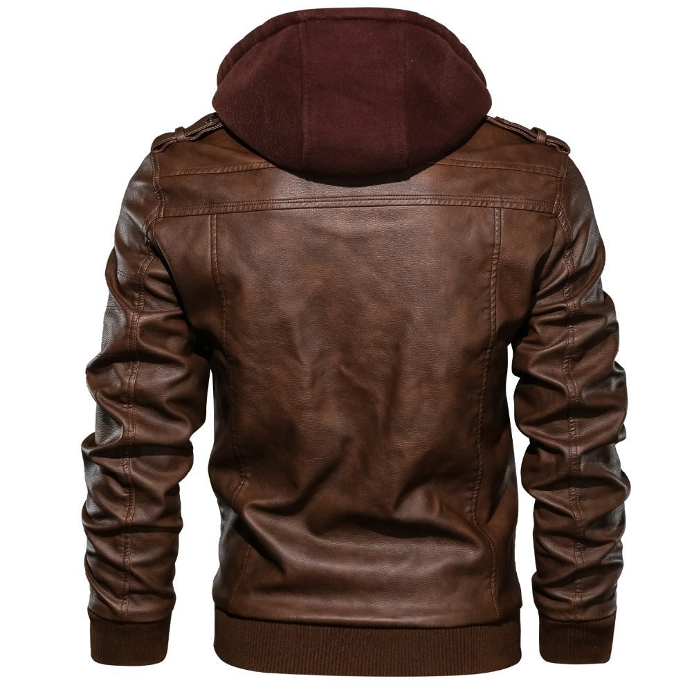 Herren stylische Kunstlederjacke mit abnehmbarer Kapuze und praktischen Taschen Aliams