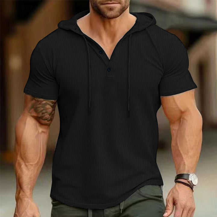 Herren Kurzarm-Hoodie-Shirt mit modischem Henley-Ausschnitt Aliams