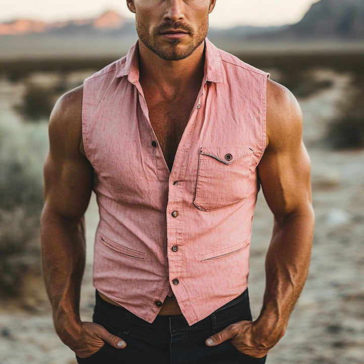Herren ärmellose Sommerhemd aus leichtem Leinenstoff mit praktischen Taschen Aliams