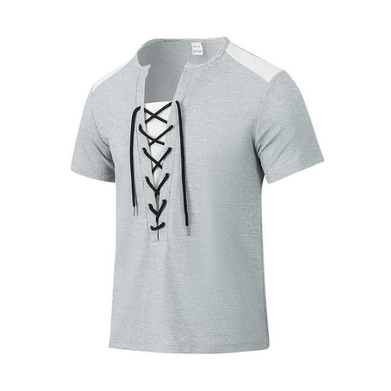 Herren Kurzarm-Henley-T-Shirt mit dekorativen Schnürdetails und atmungsaktiver Struktur Aliams