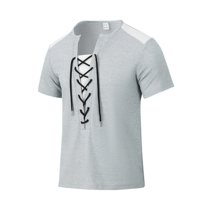 Herren Kurzarm-Henley-T-Shirt mit dekorativen Schnürdetails und atmungsaktiver Struktur Aliams