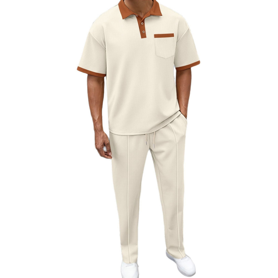 Herren elegantes Freizeit-Set mit strukturiertem Poloshirt und bequemer Hose Aliams