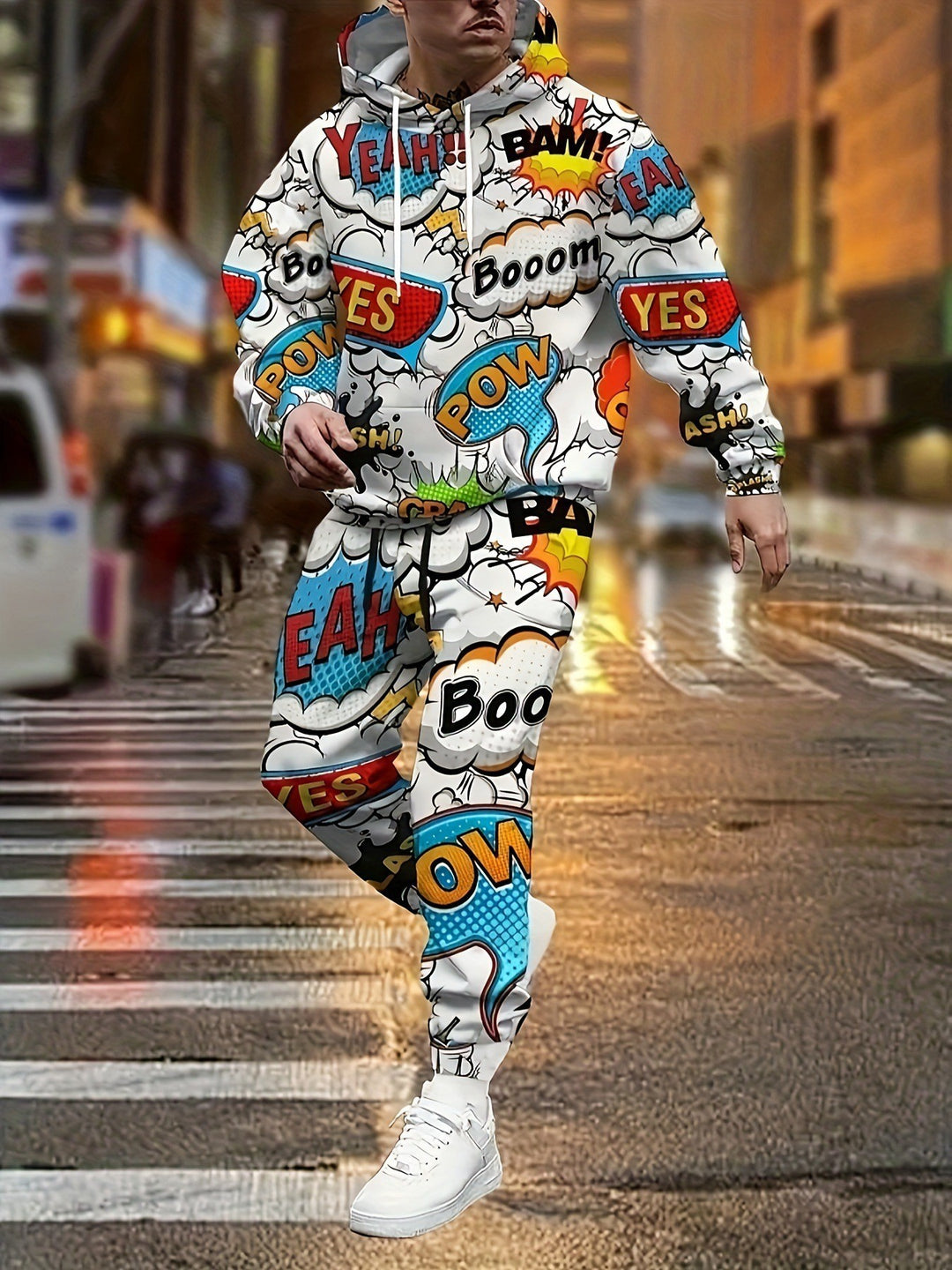 Herren Hoodie und Jogginghose im Comic-Stil mit buntem Druck Aliams