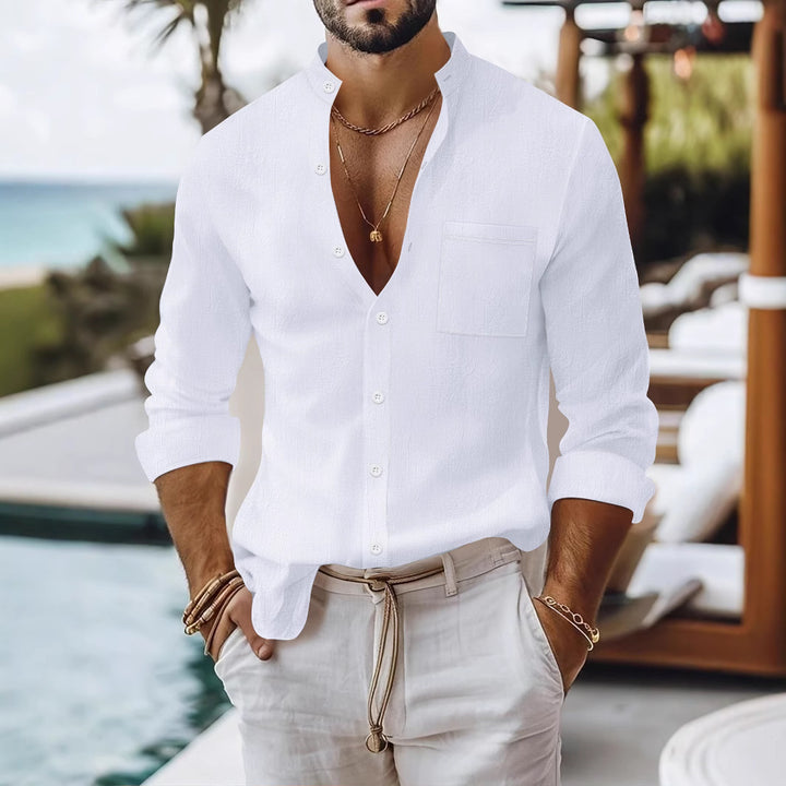 Herren Sommerliches Langarmhemd mit modernem Stehkragen und praktischer Brusttasche Aliams