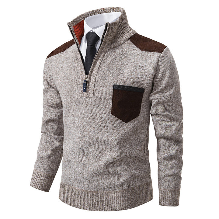 Herren elegante Strickpullover mit halben Reißverschluss und praktischem Taschenlayout Aliams