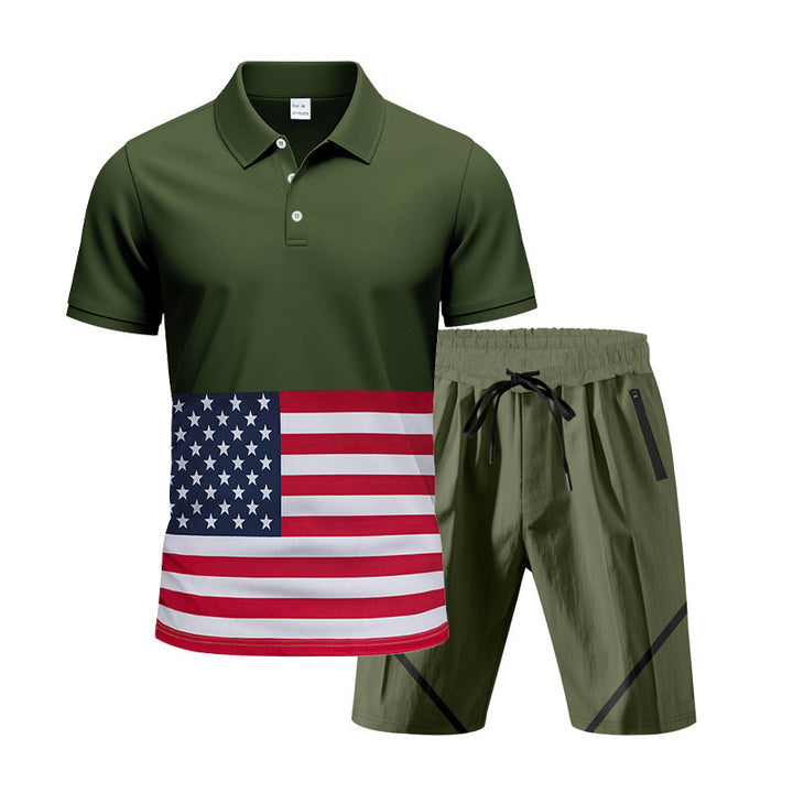 Herren Polo-Shirt und Shorts-Set mit Flaggenmotiven und modernem Schnitt Aliams