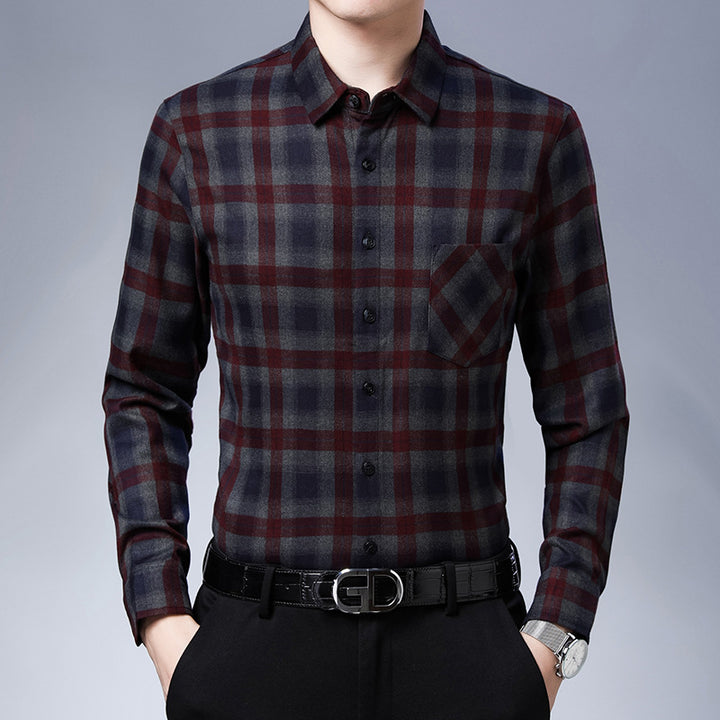 Herren kariertes Langarmhemd mit Brusttasche Aliams