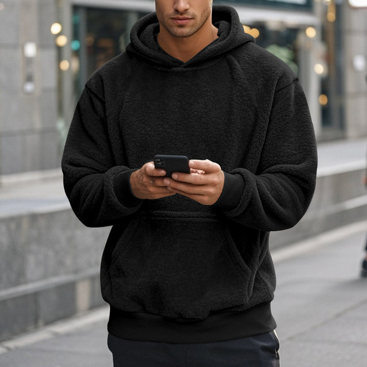 Herren Hoodie aus kuscheligem Teddy-Fleece mit Kängurutasche und breiten Bündchen Aliams