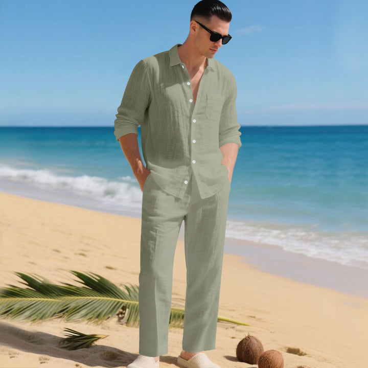 Herren leichtes Leinen-Outfit mit stilvollem Hemd und eleganter Hose Aliams