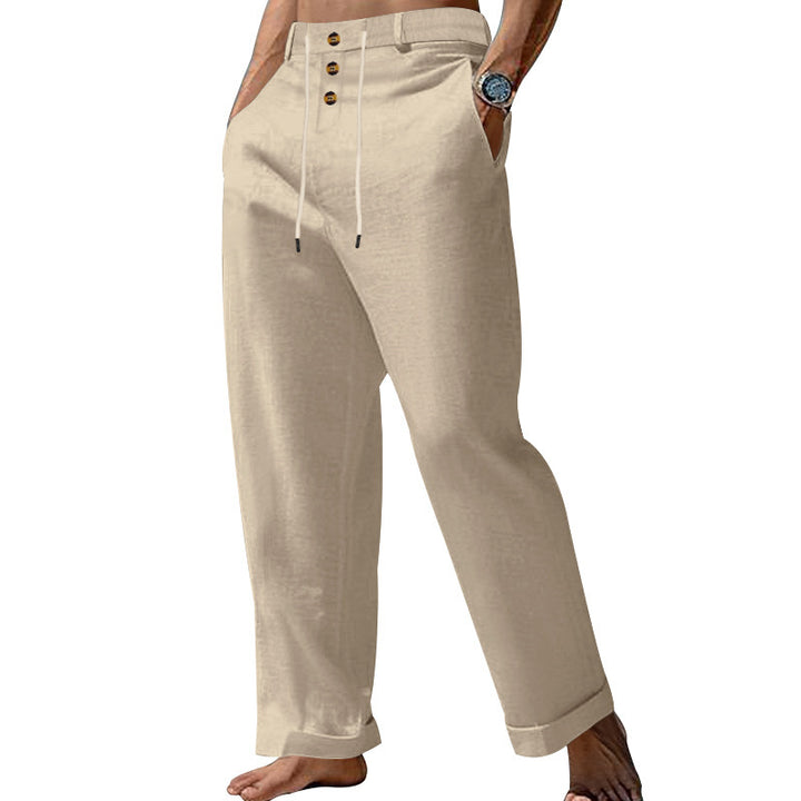 Herren elegante Leinenhose mit verstellbarem Kordelzug und Knopfdetails Aliams