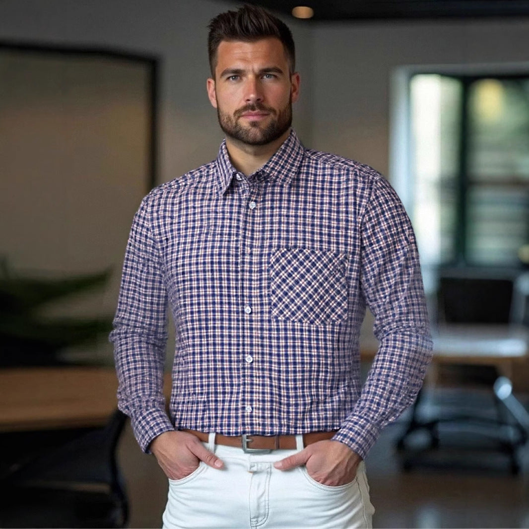 Herren kariertes Langarmhemd mit Brusttasche und modernem Schnitt Aliams