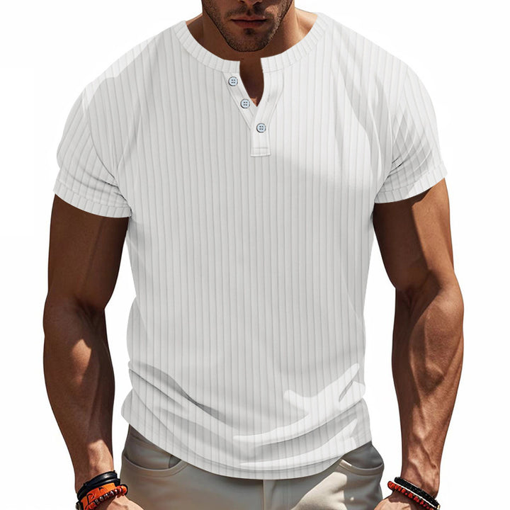 Herren Kurzarm-Henley-Shirt mit strukturiertem Streifenmuster und modischen Knöpfen Aliams