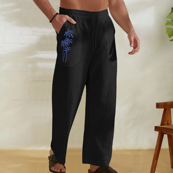 Herren Bequeme Leinenhose mit praktischem Kordelzug und Palmendruck Aliams