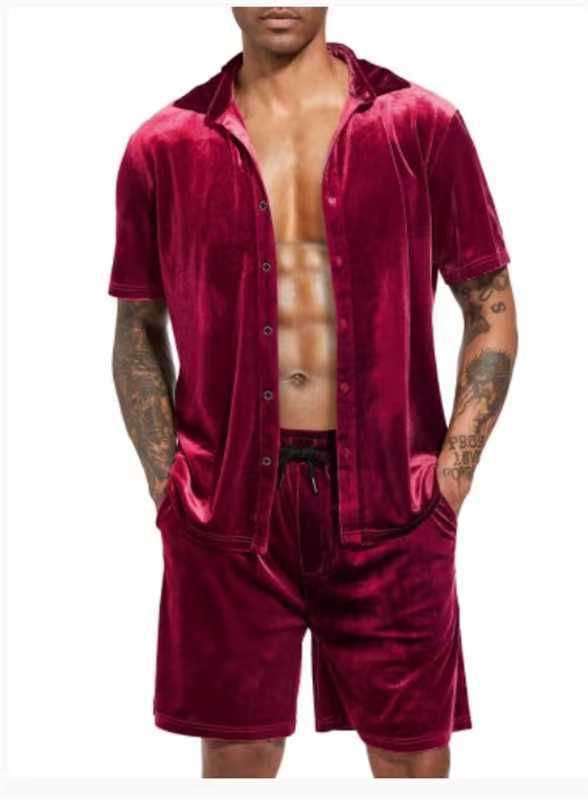 Herren Kurzarm-Hemd und Shorts-Set aus luxuriösem Samt Aliams