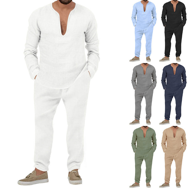 Herren Elegantes Leinen-Loungewear-Set mit Stehkragen Aliams