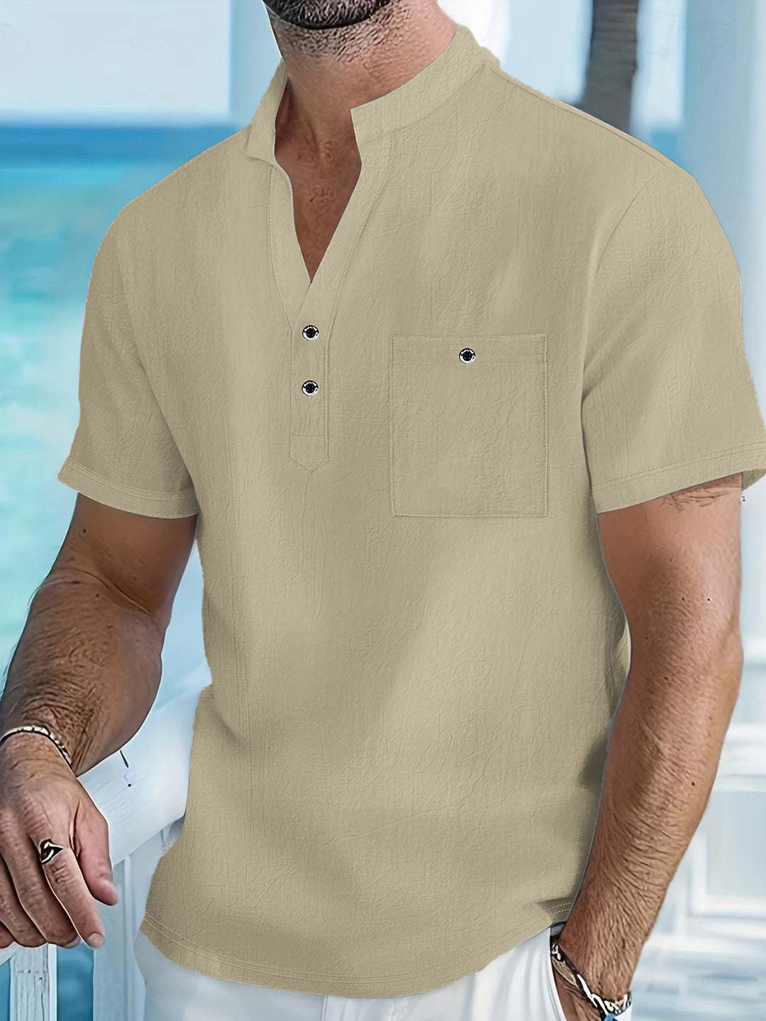 Herren Kurzarm-Hemd mit modischem Stehkragen und Knopfdetails Aliams