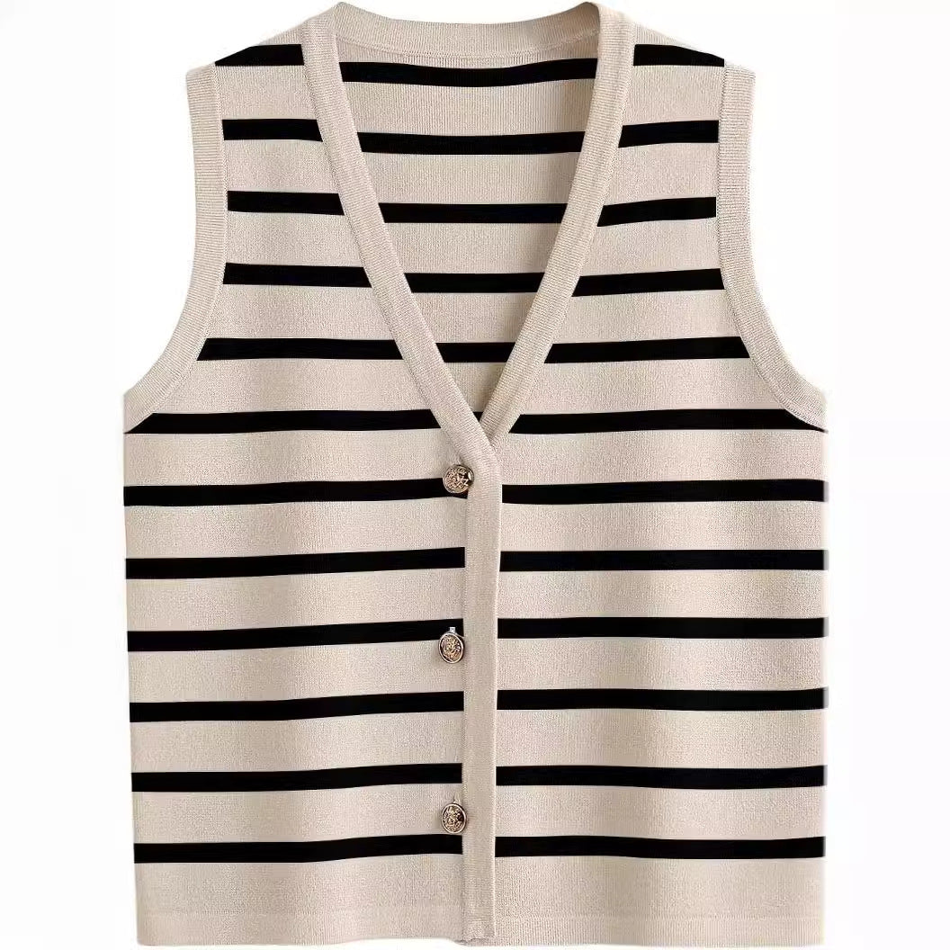 Damen ärmellose Strickweste mit V-Ausschnitt und dekorativen Knöpfen Aliams