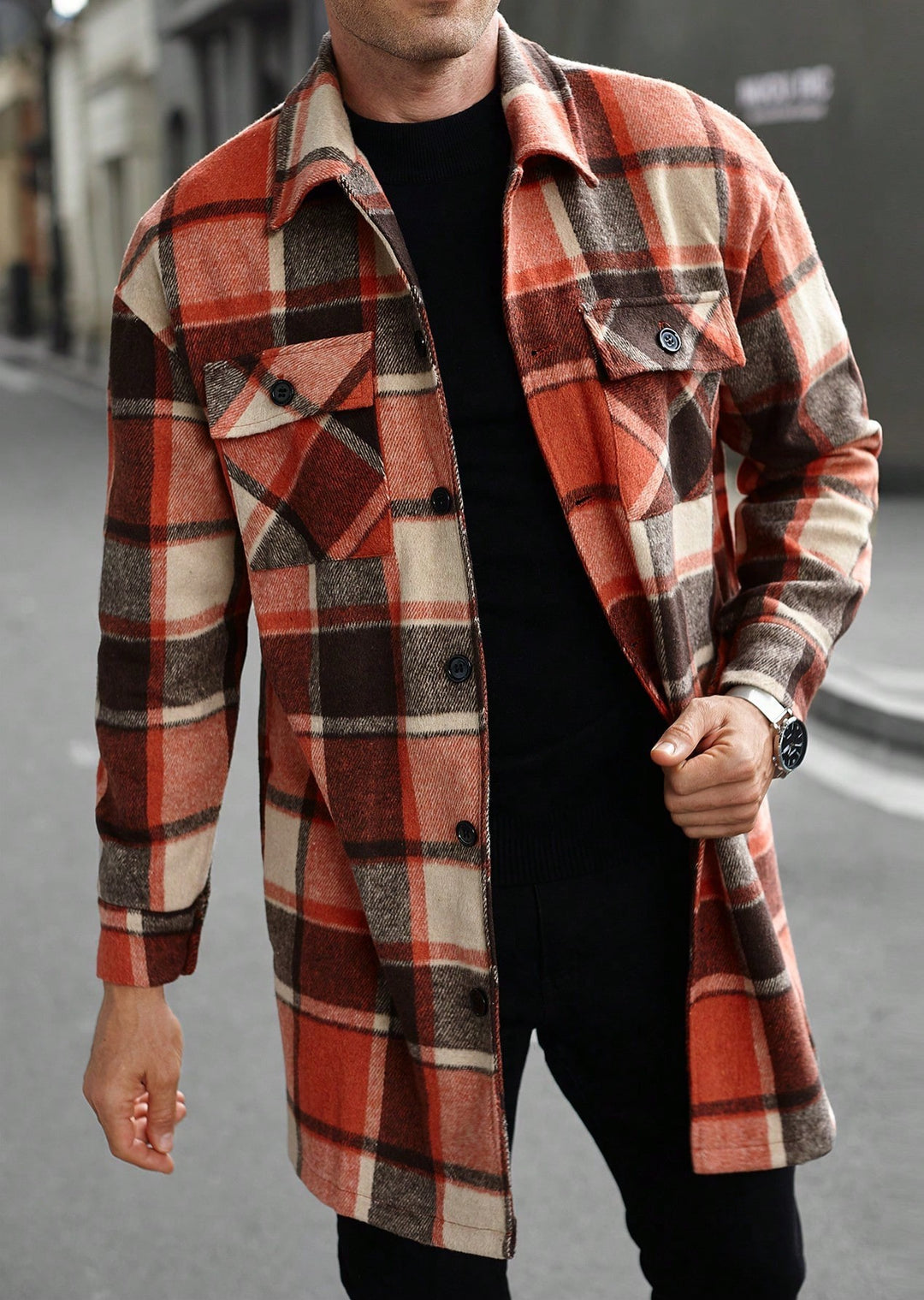 Herren karierte Flanelljacke mit knöpfbaren Taschen und modernem Schnitt Aliams