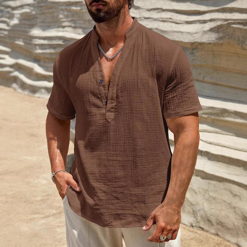 Herren Kurzarm Henley Hemd mit modernem Stehkragen aus leichtem Baumwollmaterial Aliams