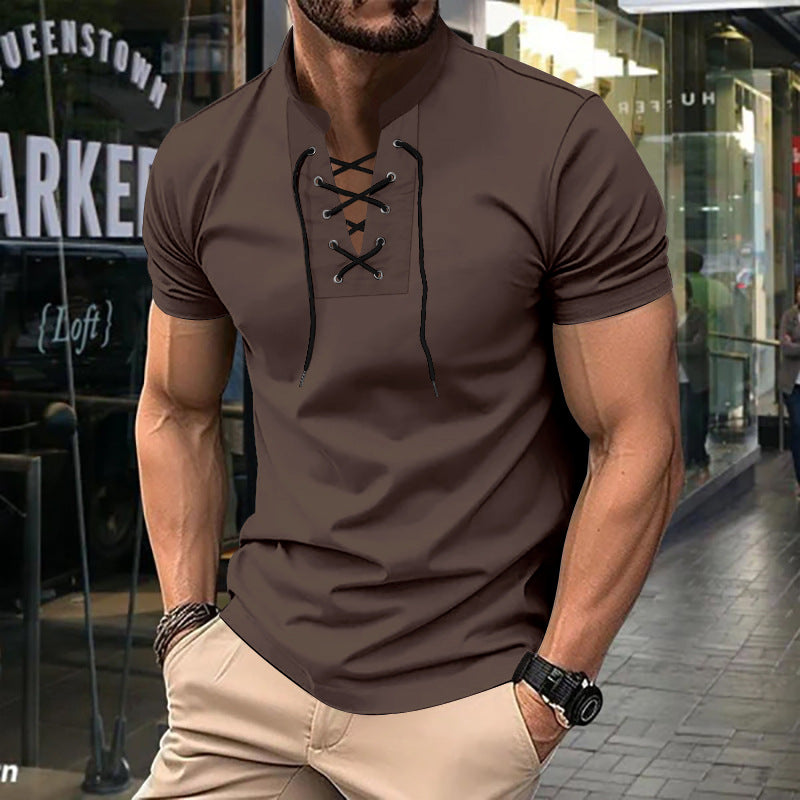 Herren Kurzarm-Henley-Shirt mit modernem Schnürdesign Aliams