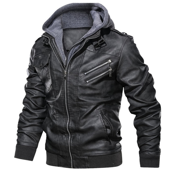 Herren Kunstlederjacke mit abnehmbarer Kapuze und稳́. Jack-details Aliams
