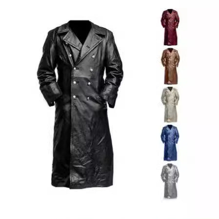 Herren Eleganter Kunstleder-Trenchcoat mit doppelt geknöpftem Design Aliams