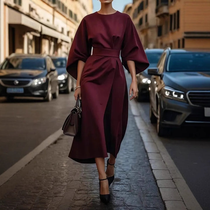 Damen Elegant geschnittenes Maxikleid mit Puffärmeln und tailliertem Gürtel Aliams