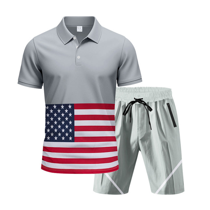 Herren Polo-Shirt und Shorts-Set mit Flaggenmotiven und modernem Schnitt Aliams