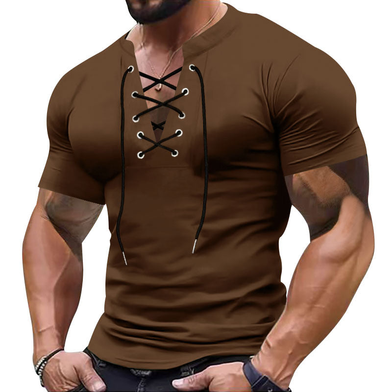 Herren Kurzarm-Henley-Shirt mit modischem Schnürdesign und körperbetonter Passform Aliams