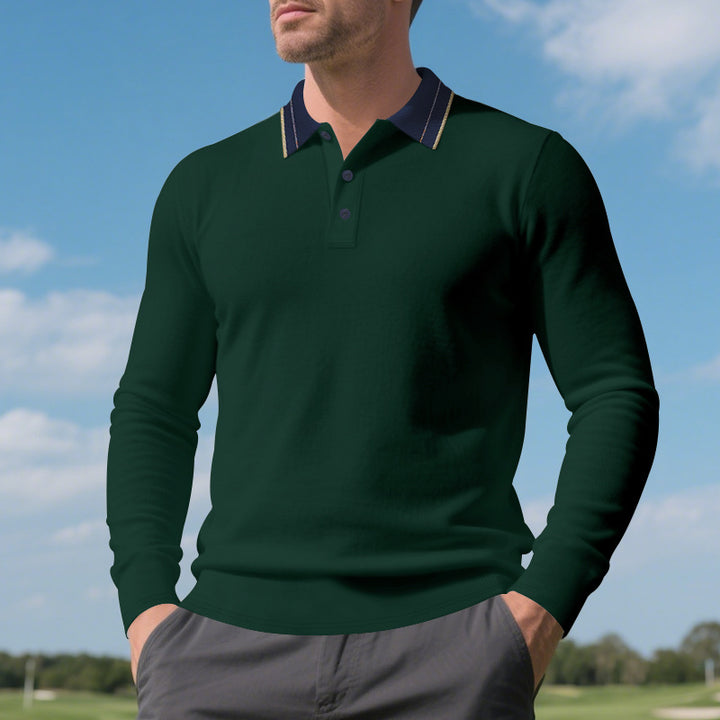 Herren elegantes Langarm-Polohemd mit kontrastierendem Kragen und modischen Knopfdetails Aliams