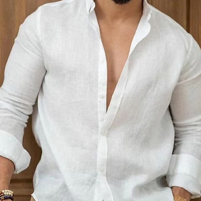 Herren elegantes Leinenhemd mit moderner Knopfleiste Aliams