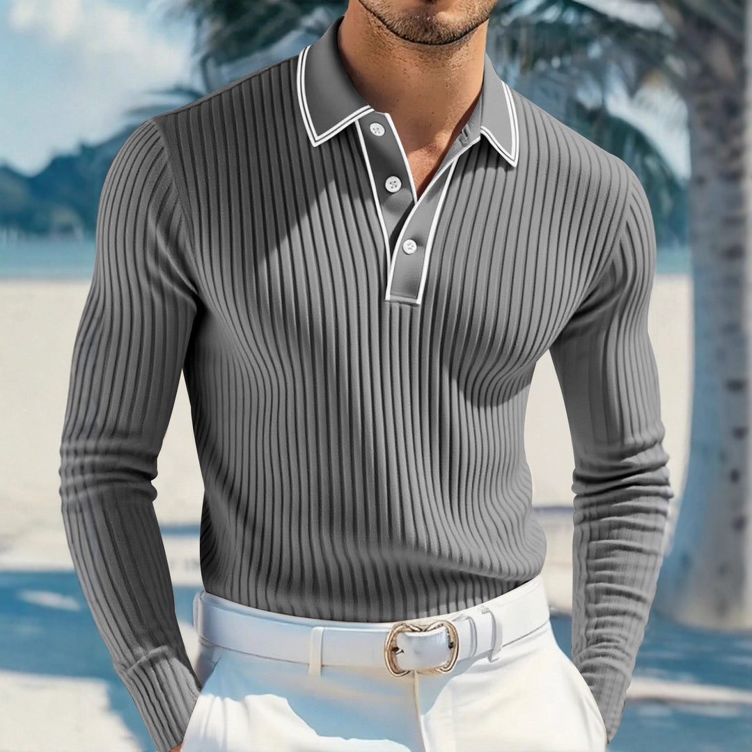 Herren elegantes Langarm-Polohemd mit modischem Stehkragen und strukturierter Oberfläche Aliams