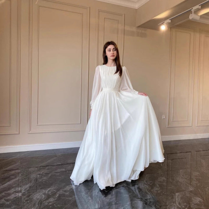 Aliams | Durchsichtiges Weißes Hochzeitskleid Rundhalsausschnitt Lange Ärmel Kleid