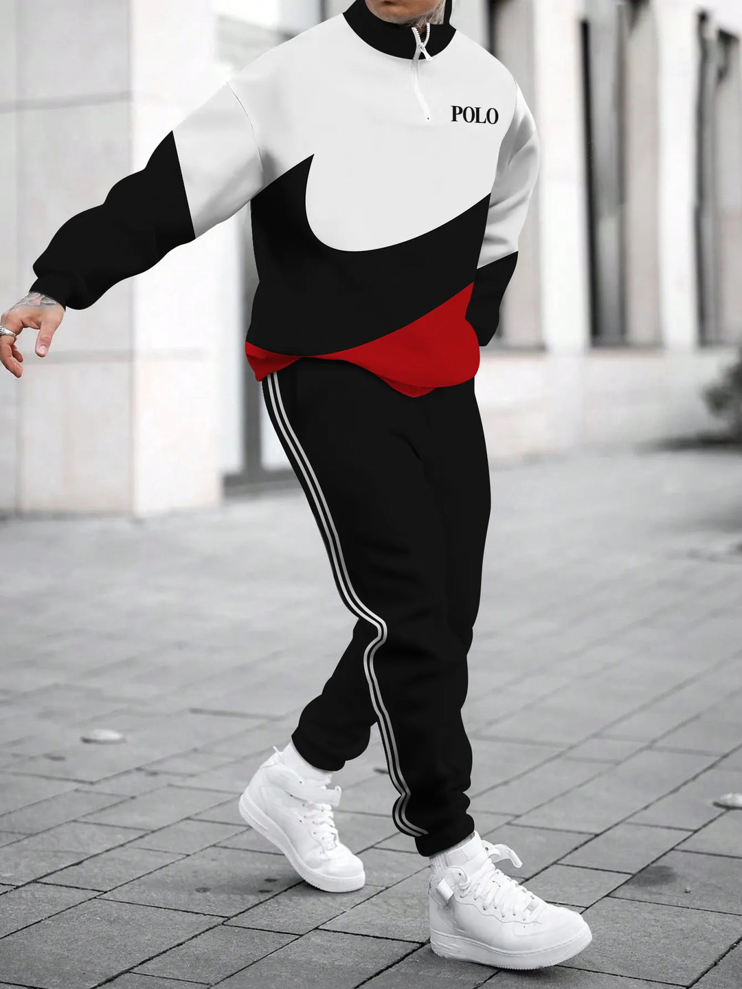 Herren sportliches Outfit mit hohem Kragen und modischem Grafikdesign Aliams