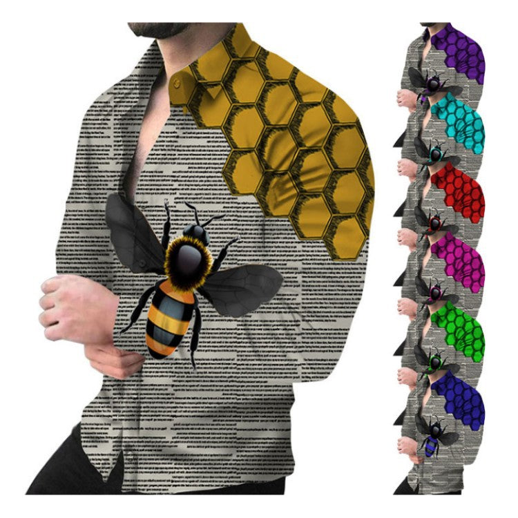 Herren Kreatives Langarmhemd mit künstlerischem Bienenmuster und strukturiertem Design Aliams