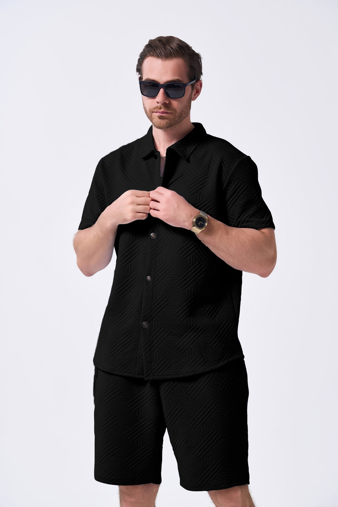 Herren Freizeit Kurzarmhemd und Shorts Set mit strukturiertem Muster Aliams