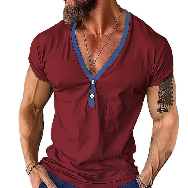 Herren Kurzarm Henley T-Shirt mit stylischem Kragen und zwei Knöpfen Aliams