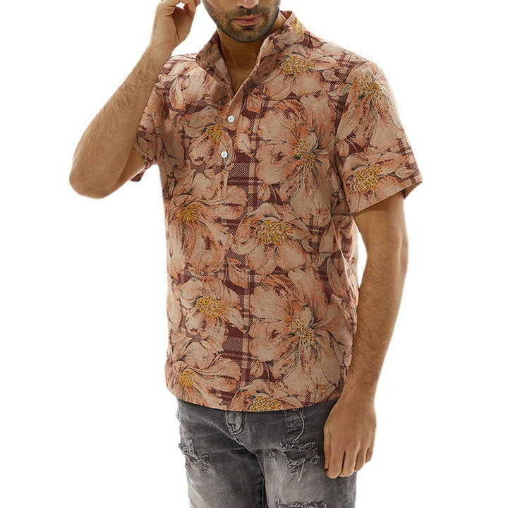 Herren Kurzarm-Hemd mit floralem Muster und modischem Stehkragen Aliams