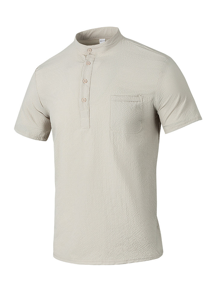 Herren Kurzarm-Hemd mit modernem Stehkragen und subtiler Struktur Aliams