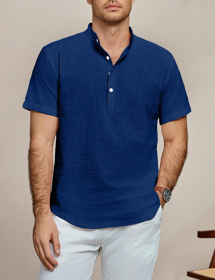 Herren Kurzarm Leinenhemd mit Stehkragen Aliams