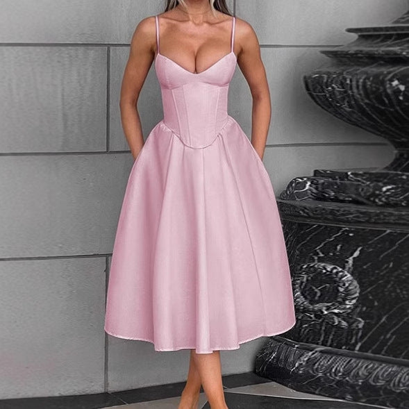 Damen Elegantes A-Linien Midi-Kleid mit Spaghettiträgern und weichem Stoff Aliams