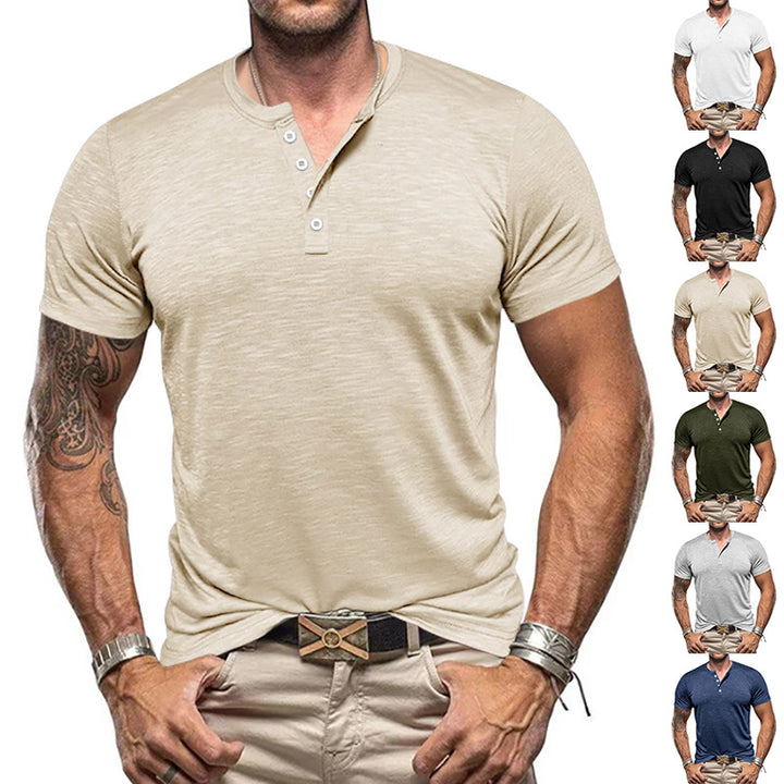 Herren Kurzarm-Henley-T-Shirt aus atmungsaktivem Baumwollmix mit modernem Schnitt Aliams