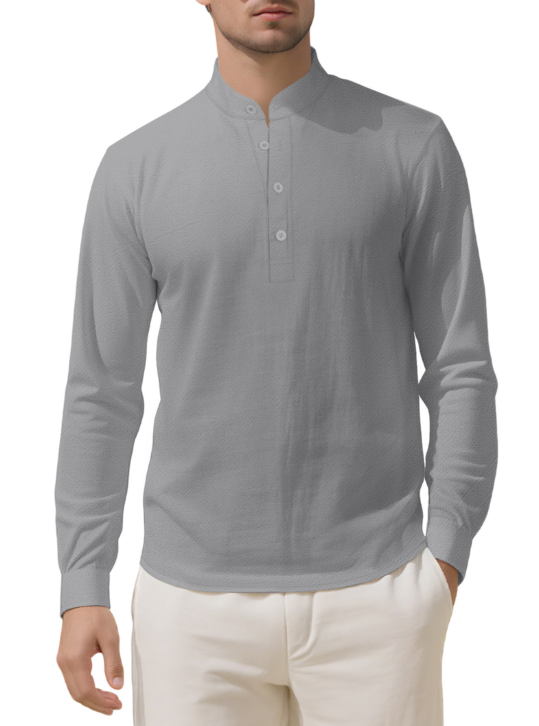 Herren Elegantes Langarmhemd mit Stehkragen und Knopfleiste Aliams