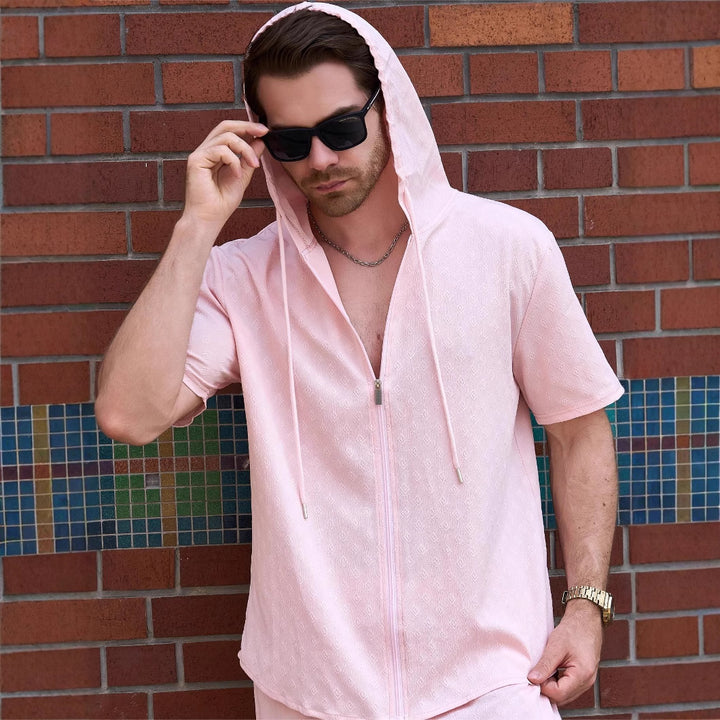 Herren Atmungsaktives Hoodie-Shirt mit kurzem Arm und durchgehendem Reißverschluss Aliams