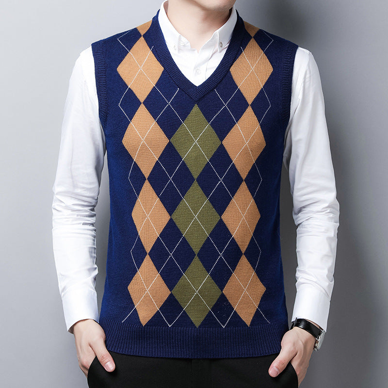 Herren klassischer V-Ausschnitt Strickpullover mit Rautenmuster Aliams